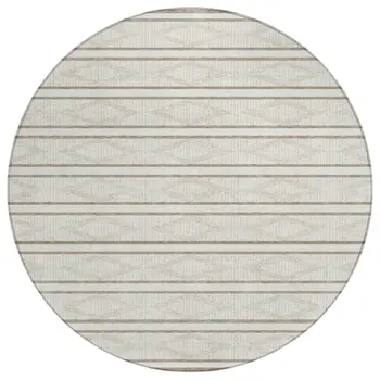 8' Ivory And Brown Round Geometric Washable Indoor Outdoor Area Rug