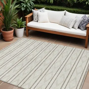 8' X 10' Ivory And Brown Geometric Washable Indoor Outdoor Area Rug