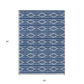 5' X 8' Navy Blue And Ivory Geometric Washable Indoor Outdoor Area Rug