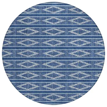 8' Navy Blue And Ivory Round Geometric Washable Indoor Outdoor Area Rug