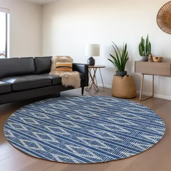 8' Navy Blue And Ivory Round Geometric Washable Indoor Outdoor Area Rug