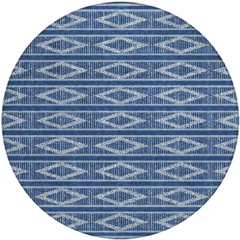 8' Navy Blue And Ivory Round Geometric Washable Indoor Outdoor Area Rug