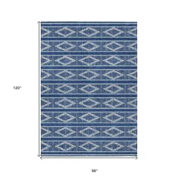 8' X 10' Navy Blue And Ivory Geometric Washable Indoor Outdoor Area Rug