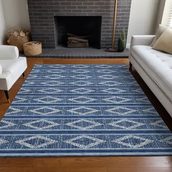 9' X 12' Navy Blue And Ivory Geometric Washable Indoor Outdoor Area Rug
