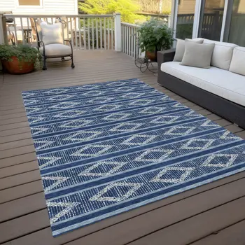10' X 14' Navy Blue And Ivory Geometric Washable Indoor Outdoor Area Rug