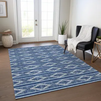 10' X 14' Navy Blue And Ivory Geometric Washable Indoor Outdoor Area Rug