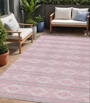 5' X 8' Pink Ivory And Gray Geometric Washable Indoor Outdoor Area Rug