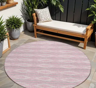 8' Pink Ivory And Gray Round Geometric Washable Indoor Outdoor Area Rug