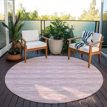 8' Pink Ivory And Gray Round Geometric Washable Indoor Outdoor Area Rug