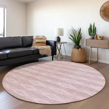 8' Pink Ivory And Gray Round Geometric Washable Indoor Outdoor Area Rug