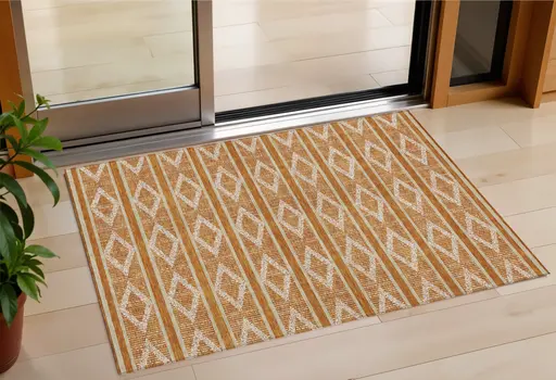3' X 5' Copper And Ivory Geometric Washable Indoor Outdoor Area Rug