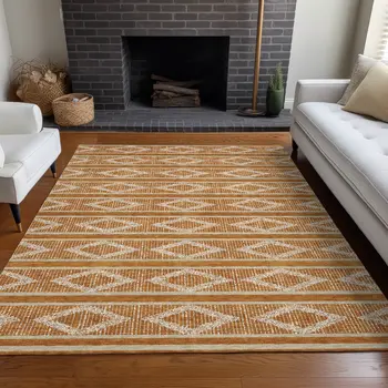 5' X 8' Copper And Ivory Geometric Washable Indoor Outdoor Area Rug