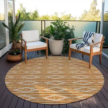 8' Copper And Ivory Round Geometric Washable Indoor Outdoor Area Rug