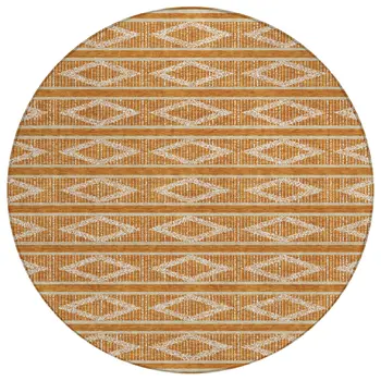 8' Copper And Ivory Round Geometric Washable Indoor Outdoor Area Rug