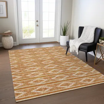 10' X 14' Copper And Ivory Geometric Washable Indoor Outdoor Area Rug