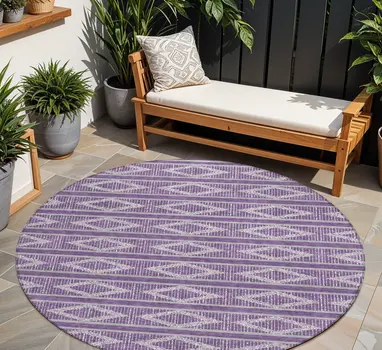 8' Purple Gray And Ivory Round Geometric Washable Indoor Outdoor Area Rug