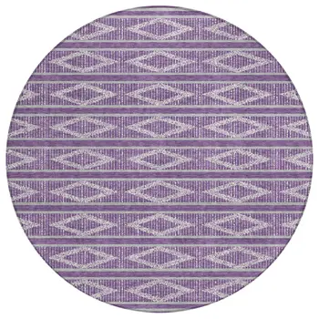 8' Purple Gray And Ivory Round Geometric Washable Indoor Outdoor Area Rug
