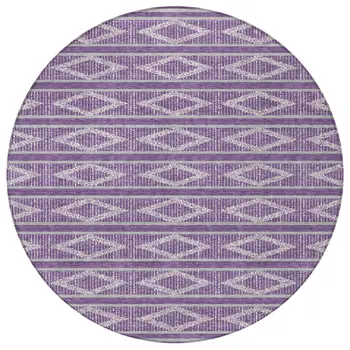 8' Purple Gray And Ivory Round Geometric Washable Indoor Outdoor Area Rug