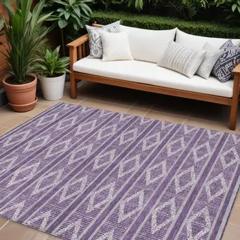 9' X 12' Purple Gray And Ivory Geometric Washable Indoor Outdoor Area Rug