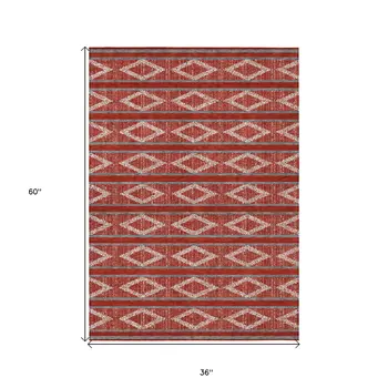 3' X 5' Red Ivory And Gray Geometric Washable Indoor Outdoor Area Rug