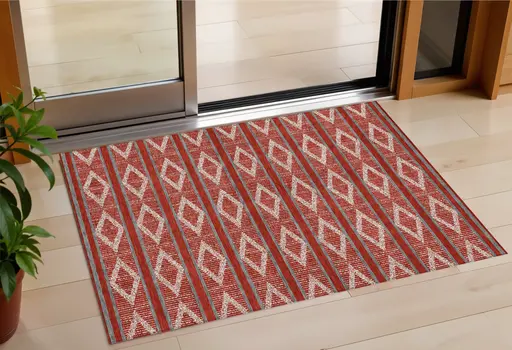 3' X 5' Red Ivory And Gray Geometric Washable Indoor Outdoor Area Rug