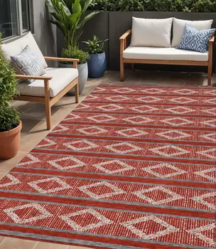 5' X 8' Red Ivory And Gray Geometric Washable Indoor Outdoor Area Rug