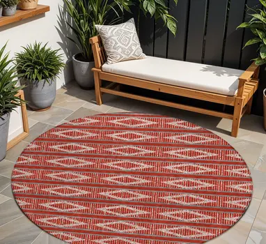 8' Red Ivory And Gray Round Geometric Washable Indoor Outdoor Area Rug