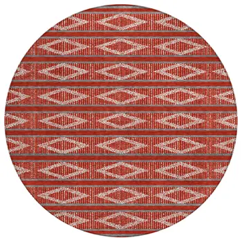 8' Red Ivory And Gray Round Geometric Washable Indoor Outdoor Area Rug
