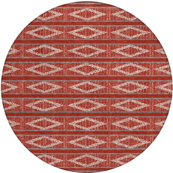 8' Red Ivory And Gray Round Geometric Washable Indoor Outdoor Area Rug