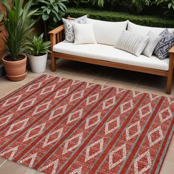 8' X 10' Red Ivory And Gray Geometric Washable Indoor Outdoor Area Rug