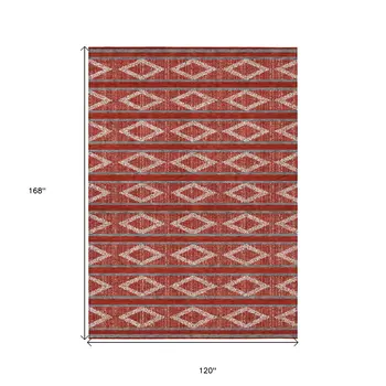 10' X 14' Red Ivory And Gray Geometric Washable Indoor Outdoor Area Rug