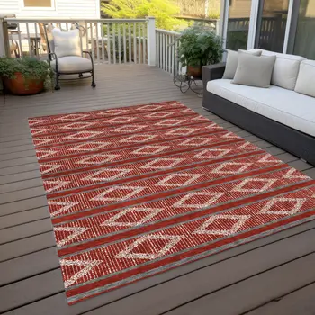 10' X 14' Red Ivory And Gray Geometric Washable Indoor Outdoor Area Rug