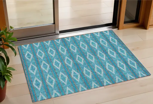 3' X 5' Teal Blue Gray And Ivory Geometric Washable Indoor Outdoor Area Rug