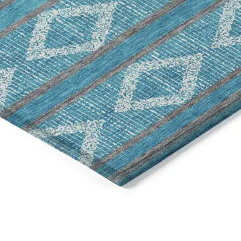 3' X 5' Teal Blue Gray And Ivory Geometric Washable Indoor Outdoor Area Rug