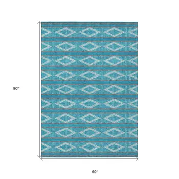 5' X 8' Teal Blue Gray And Ivory Geometric Washable Indoor Outdoor Area Rug