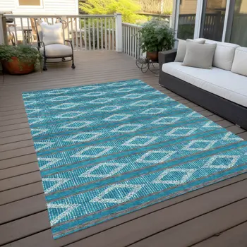 5' X 8' Teal Blue Gray And Ivory Geometric Washable Indoor Outdoor Area Rug
