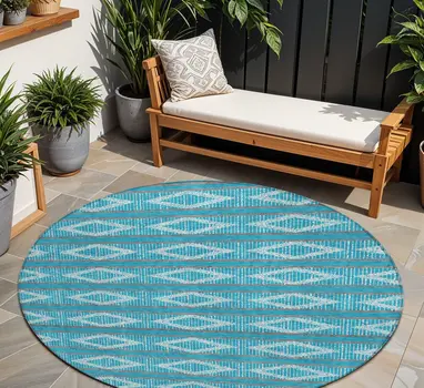 8' Teal Blue Gray And Ivory Round Geometric Washable Indoor Outdoor Area Rug