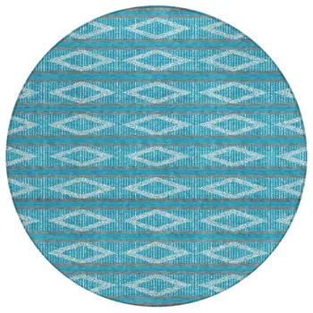 8' Teal Blue Gray And Ivory Round Geometric Washable Indoor Outdoor Area Rug