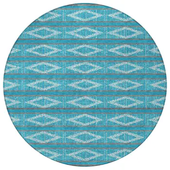 8' Teal Blue Gray And Ivory Round Geometric Washable Indoor Outdoor Area Rug