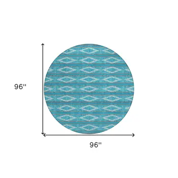 8' Teal Blue Gray And Ivory Round Geometric Washable Indoor Outdoor Area Rug