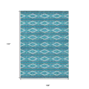 9' X 12' Teal Blue Gray And Ivory Geometric Washable Indoor Outdoor Area Rug