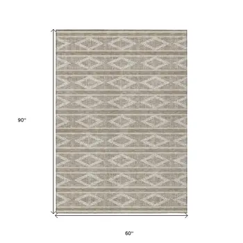 5' X 8' Taupe And Ivory Geometric Washable Indoor Outdoor Area Rug