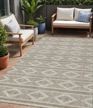 5' X 8' Taupe And Ivory Geometric Washable Indoor Outdoor Area Rug