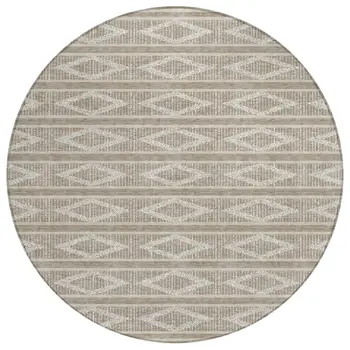 8' Taupe And Ivory Round Geometric Washable Indoor Outdoor Area Rug