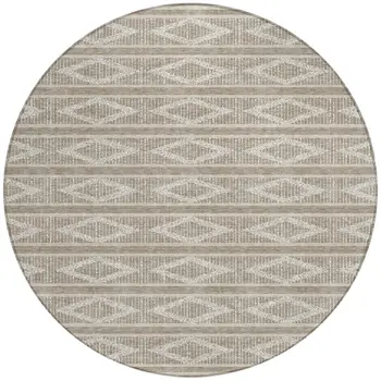 8' Taupe And Ivory Round Geometric Washable Indoor Outdoor Area Rug