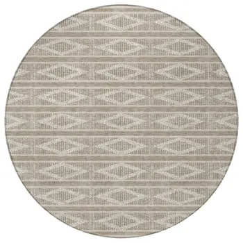 8' Taupe And Ivory Round Geometric Washable Indoor Outdoor Area Rug