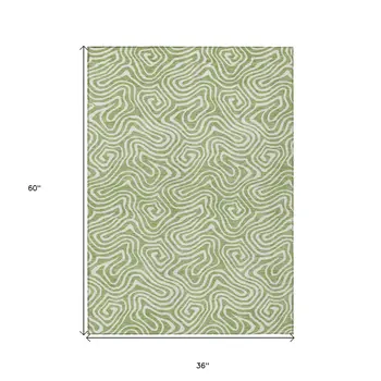 3' X 5' Artichoke Green And Ivory Abstract Washable Indoor Outdoor Area Rug