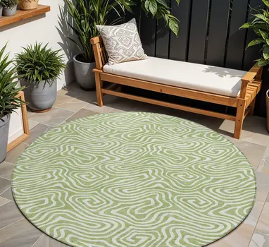 8' Artichoke Green And Ivory Round Abstract Washable Indoor Outdoor Area Rug