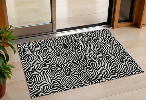 3' X 5' Black And Ivory Abstract Washable Indoor Outdoor Area Rug