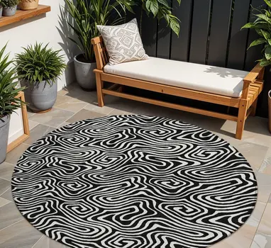8' Black And Ivory Round Abstract Washable Indoor Outdoor Area Rug